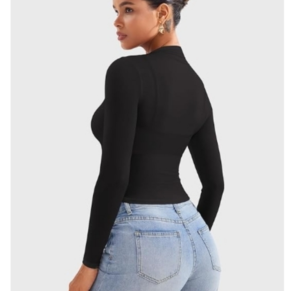 Sheer Top Long Sleeve See Through Mock Neck Slim Fit Shirt Black